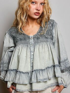 💚 POL Washed COTTON Layered Lace Pintuck Flared Woven Blouse- Sage
